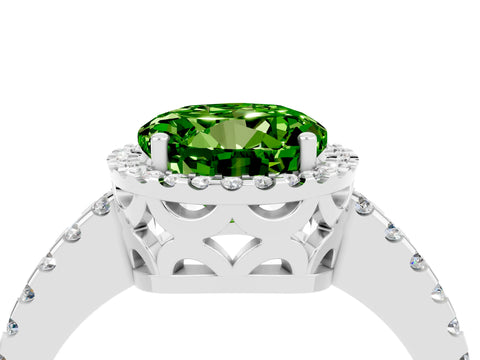 White gold Round Cut Peridot Halo Engagement Ring with Pavé Band and Prong Setting_16