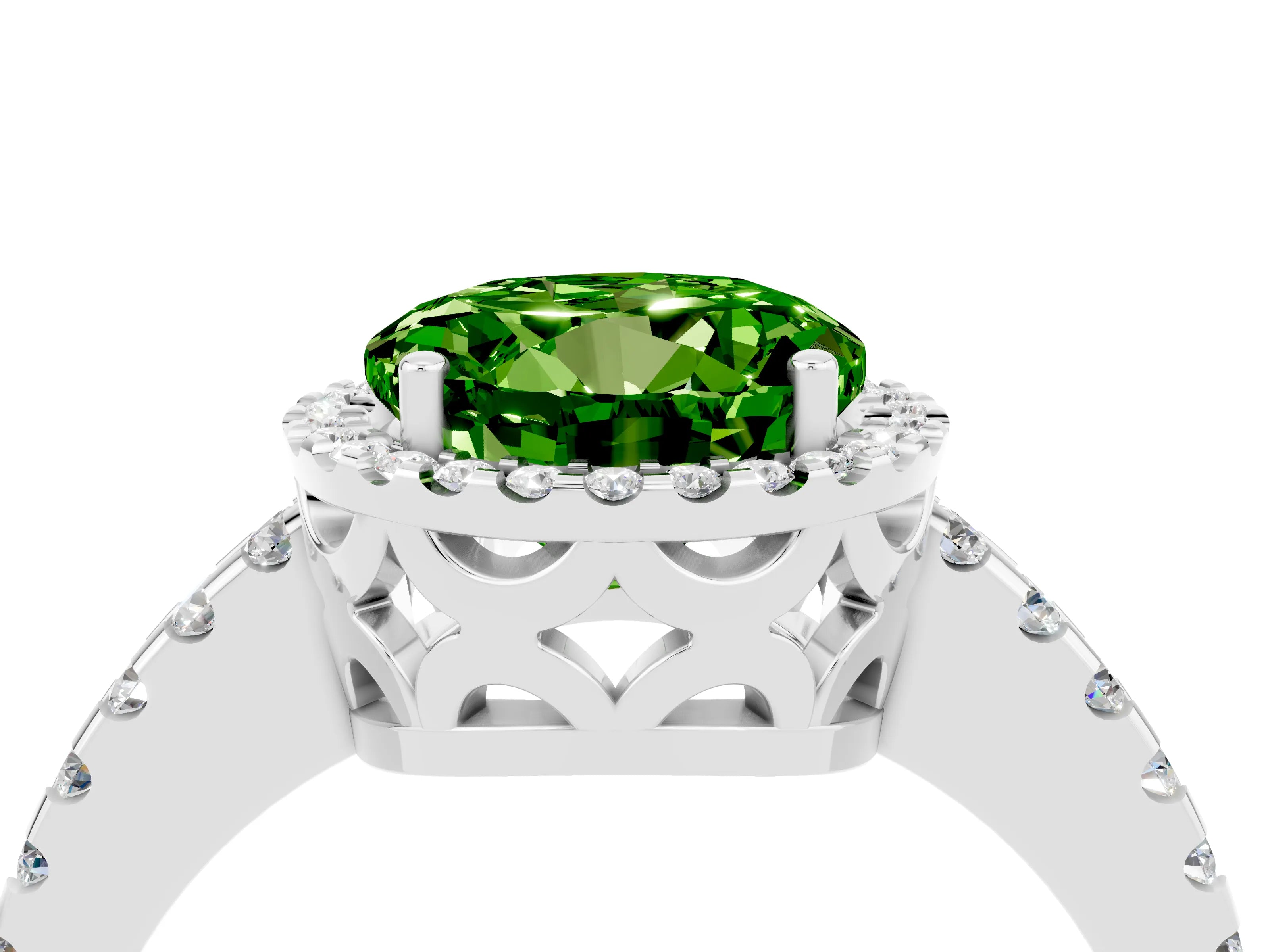 White gold Round Cut Peridot Halo Engagement Ring with Pavé Band and Prong Setting_16