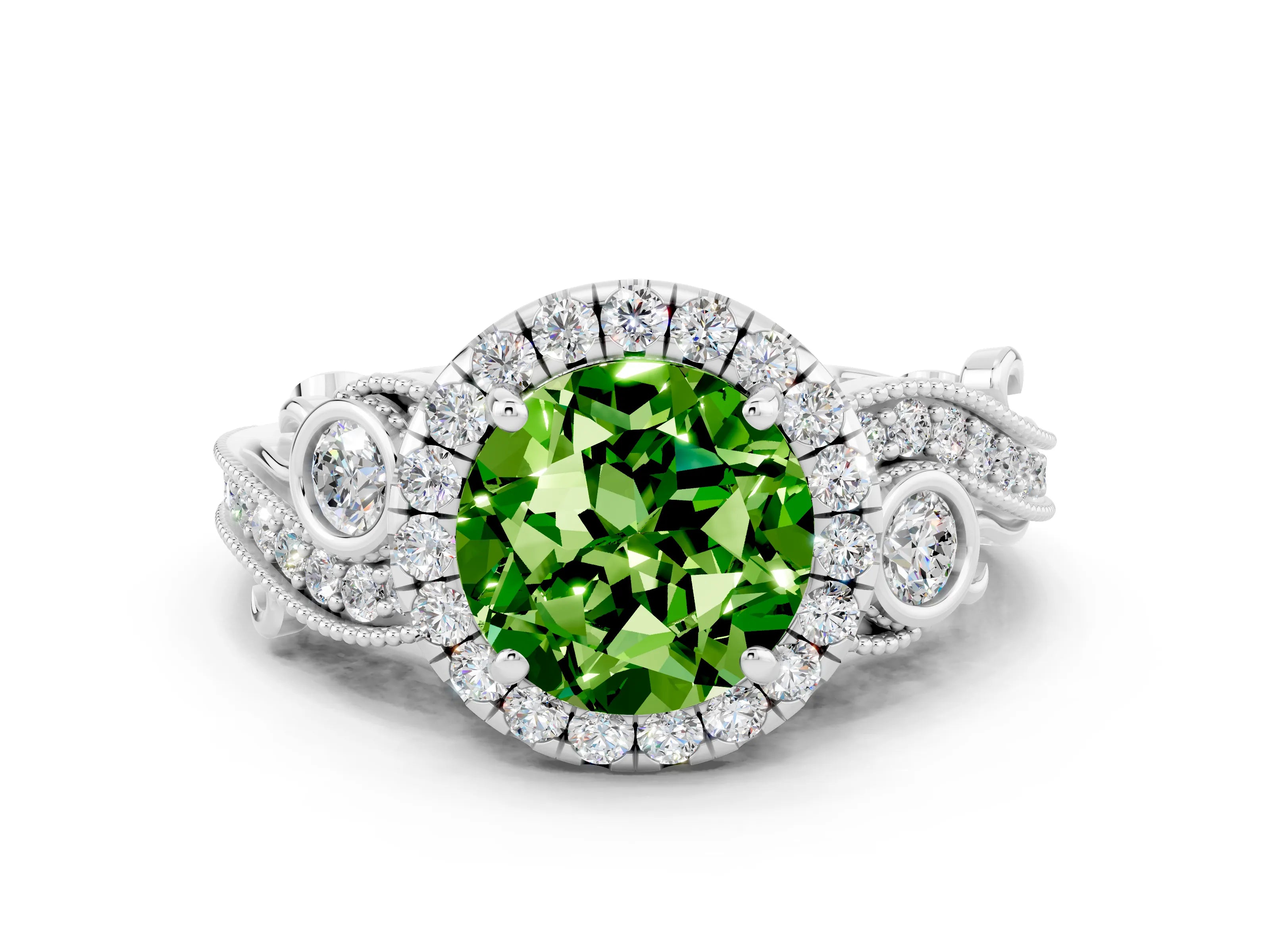 White gold Round Cut Peridot Halo Ring with Milgrain Pavé Band and Four-Prong Setting_12