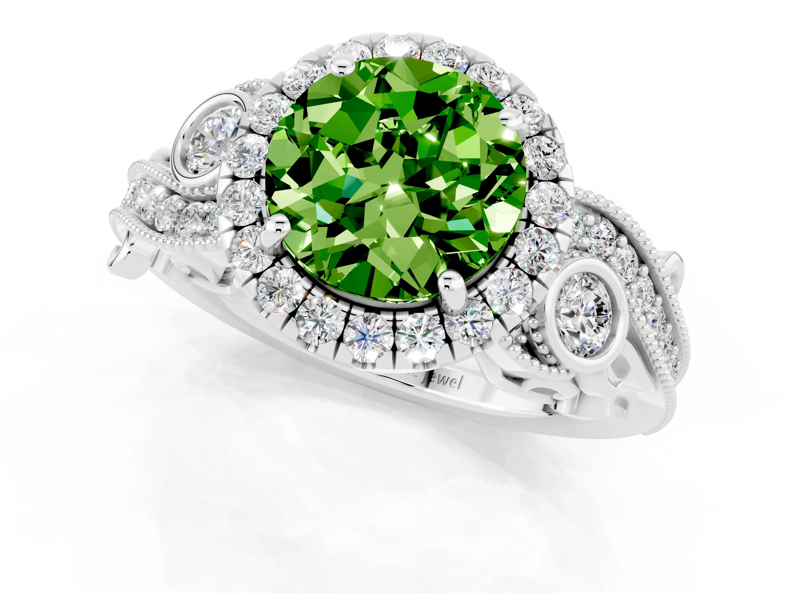 White gold Round Cut Peridot Halo Ring with Milgrain Pavé Band and Four-Prong Setting_13
