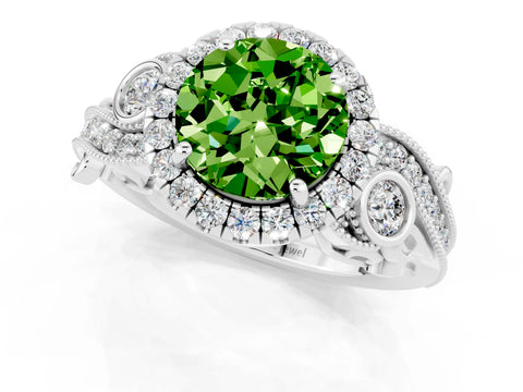 White gold Round Cut Peridot Halo Ring with Milgrain Pavé Band and Four-Prong Setting_13