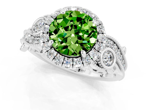 White gold Round Cut Peridot Halo Ring with Milgrain Pavé Band and Four-Prong Setting