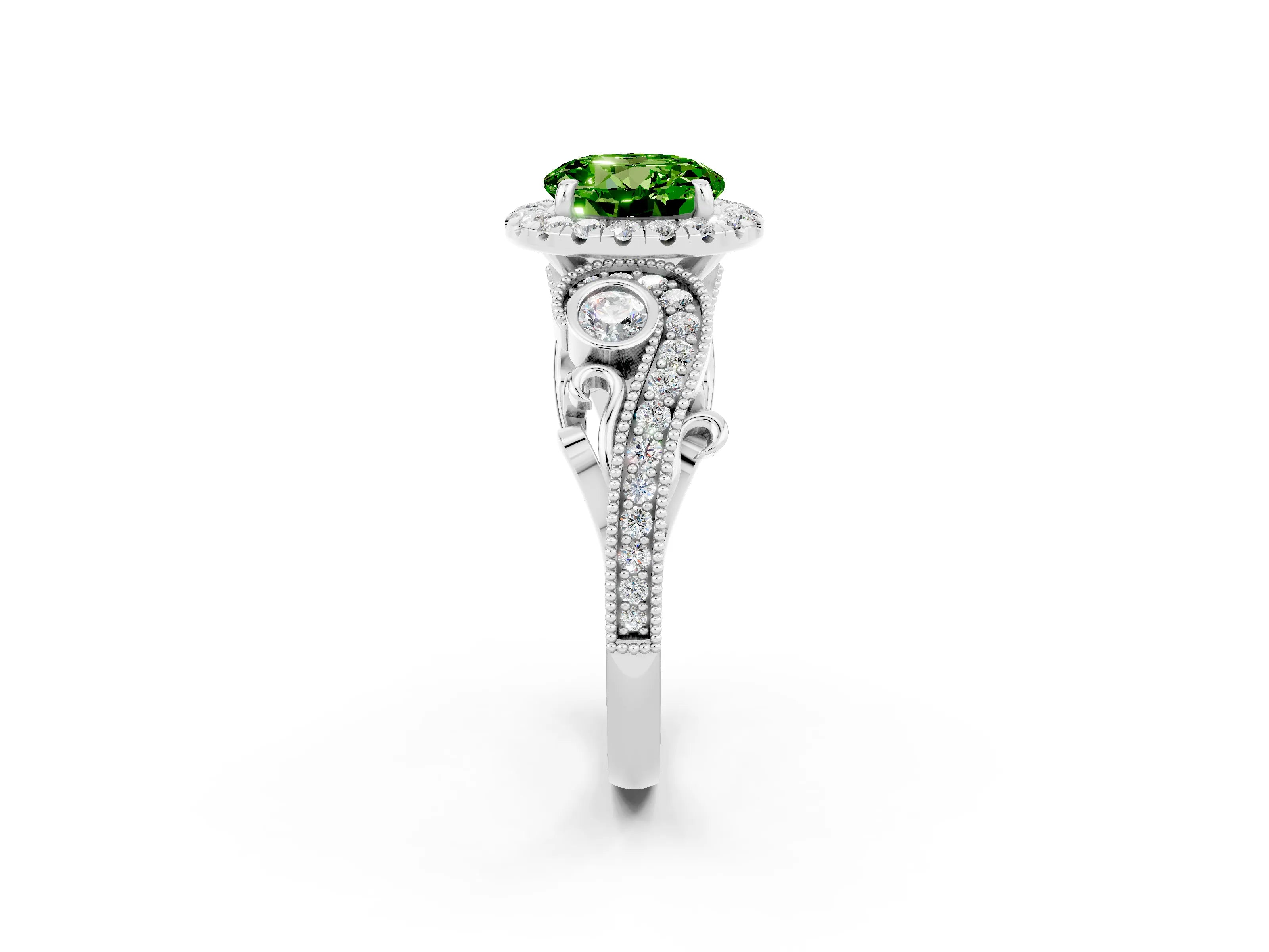 White gold Round Cut Peridot Halo Ring with Milgrain Pavé Band and Four-Prong Setting_14