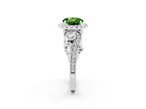 White gold Round Cut Peridot Halo Ring with Milgrain Pavé Band and Four-Prong Setting_14