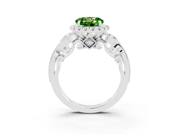 Silver Round Cut Peridot Halo Ring with Milgrain Pavé Band and Four-Prong Setting