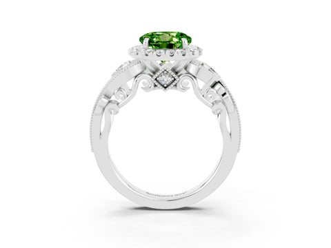 White gold Round Cut Peridot Halo Ring with Milgrain Pavé Band and Four-Prong Setting_15