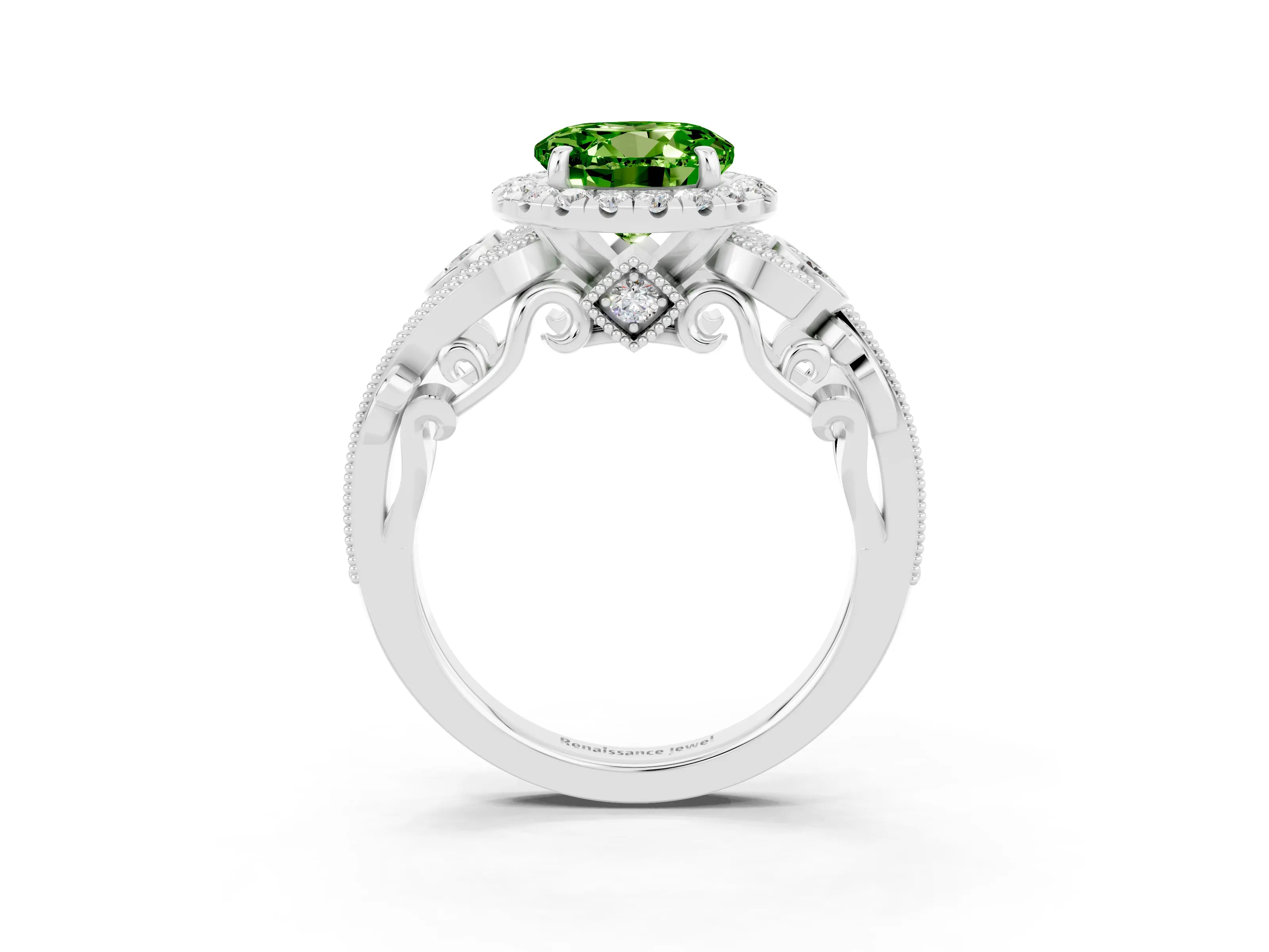 White gold Round Cut Peridot Halo Ring with Milgrain Pavé Band and Four-Prong Setting_15
