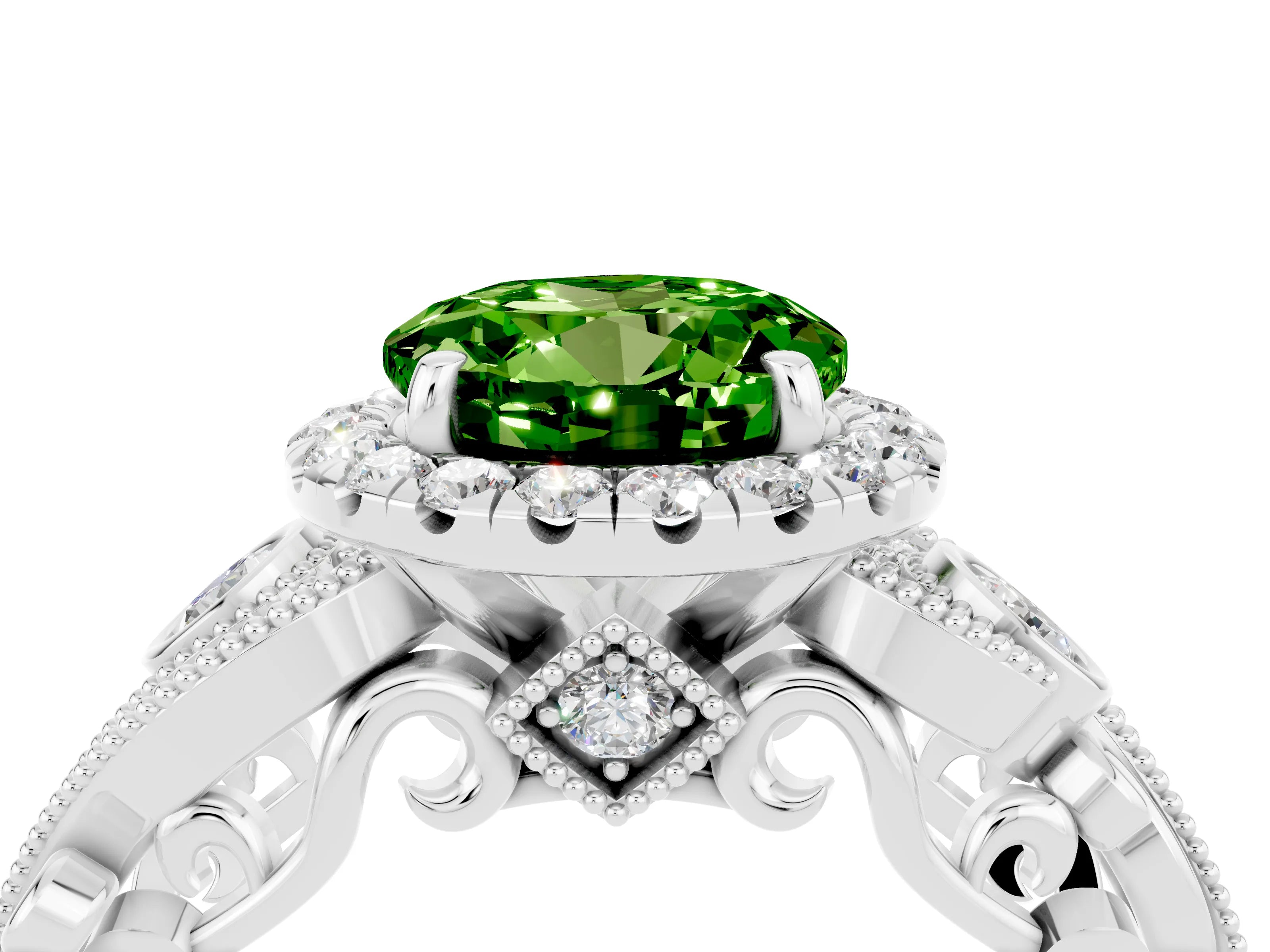 White gold Round Cut Peridot Halo Ring with Milgrain Pavé Band and Four-Prong Setting_16