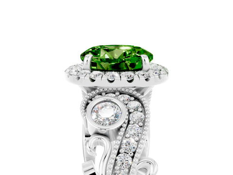 White gold Round Cut Peridot Halo Ring with Milgrain Pavé Band and Four-Prong Setting_17