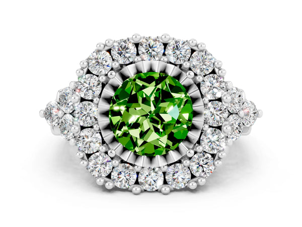 White gold Round Cut Peridot Halo Ring with Pavé Band and Four-Prong Setting
