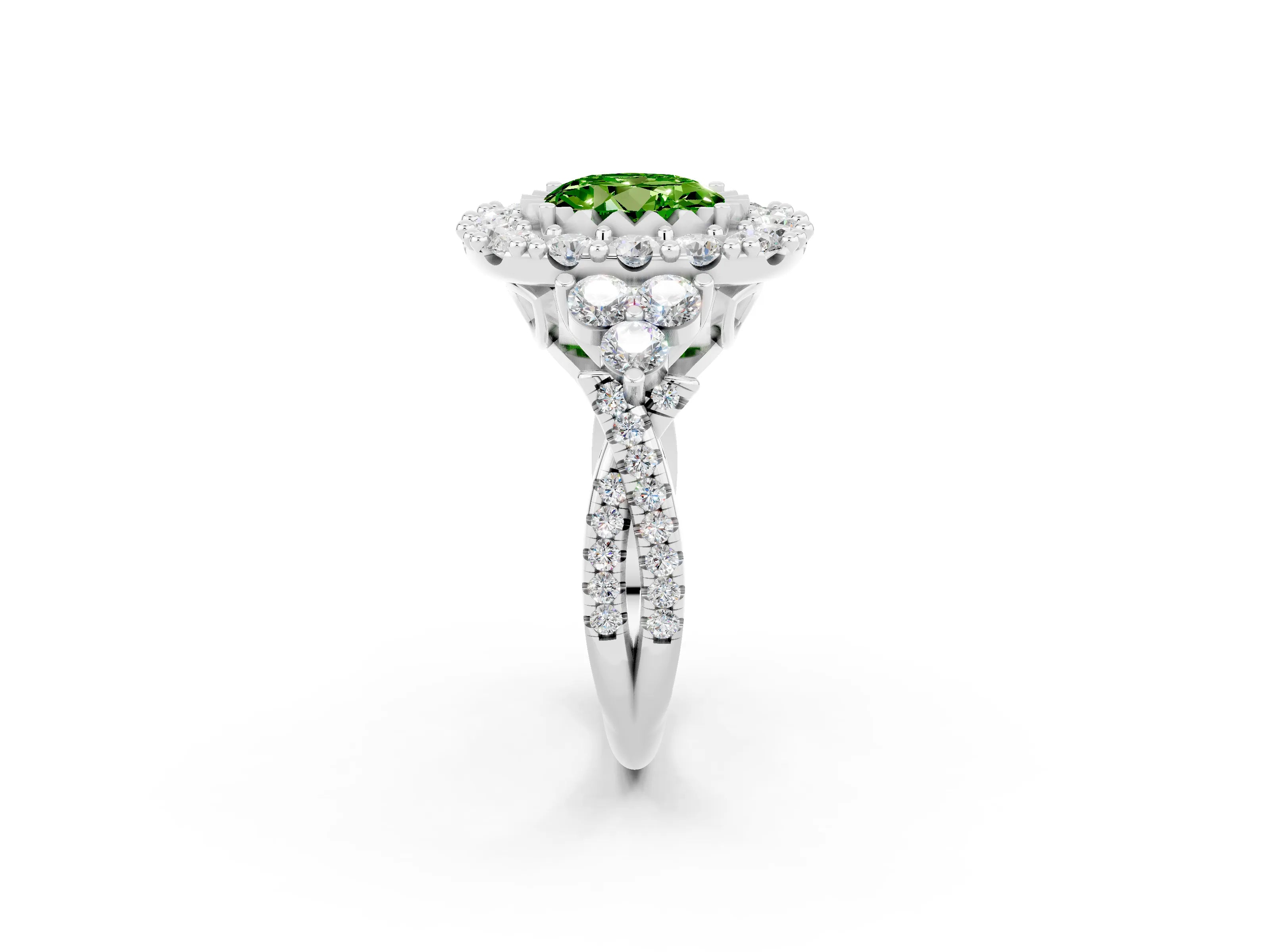 White gold Round Cut Peridot Halo Ring with Pavé Band and Four-Prong Setting_14