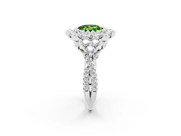 White gold Round Cut Peridot Halo Ring with Pavé Band and Four-Prong Setting