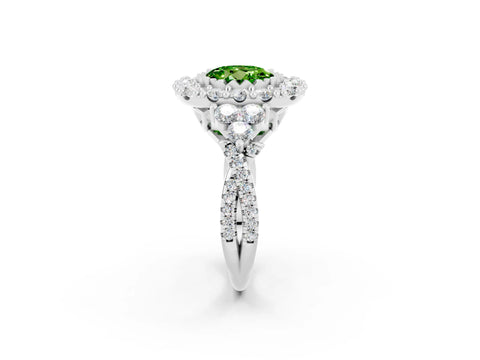 White gold Round Cut Peridot Halo Ring with Pavé Band and Four-Prong Setting_14