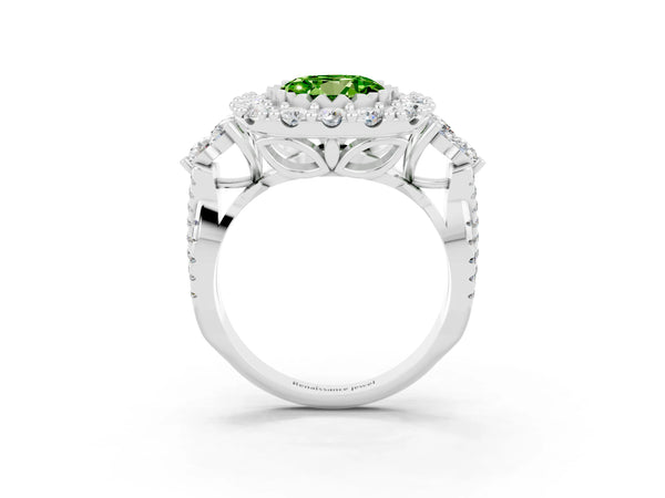 Platinum Round Cut Peridot Halo Ring with Pavé Band and Four-Prong Setting