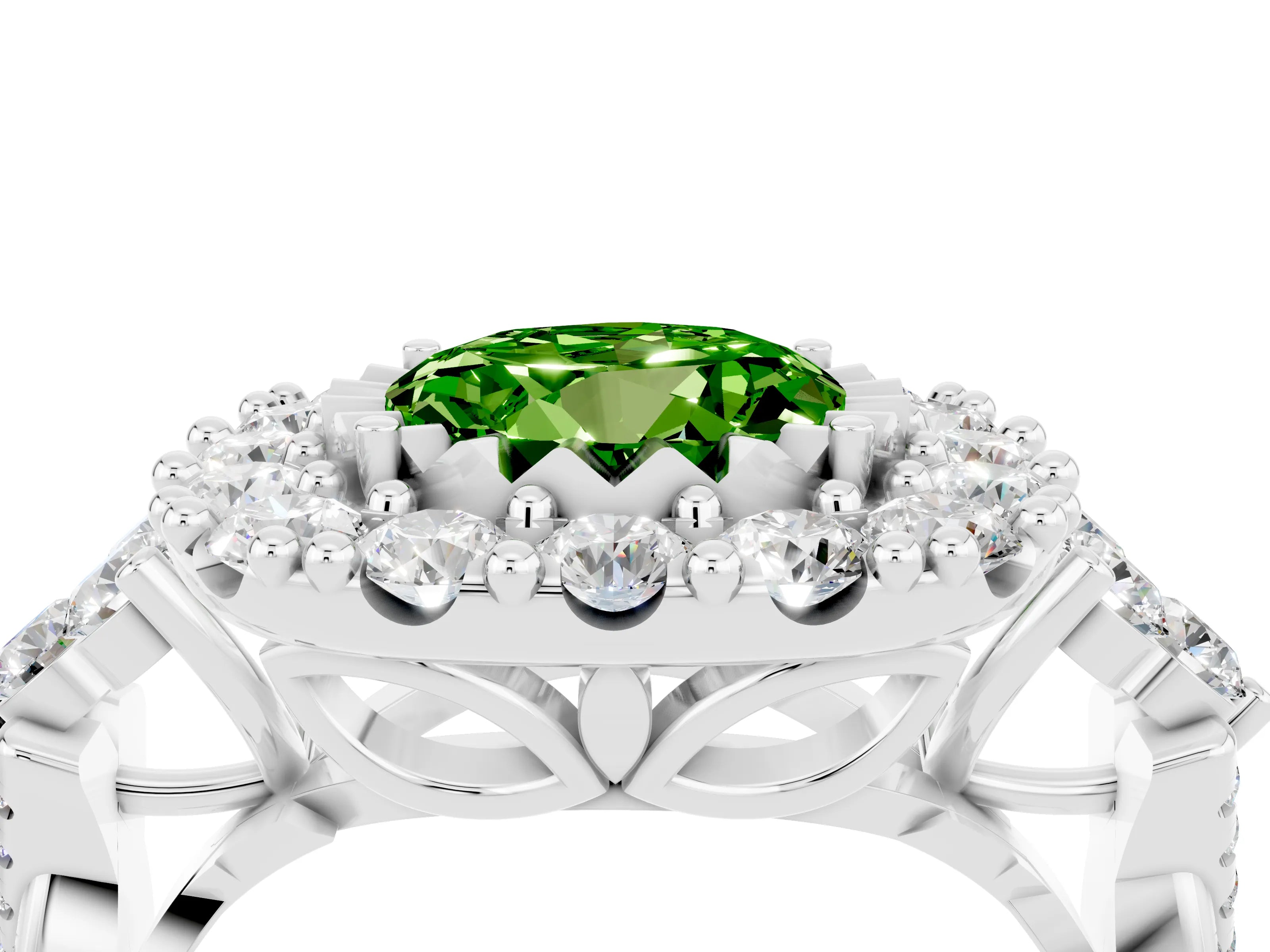 White gold Round Cut Peridot Halo Ring with Pavé Band and Four-Prong Setting_16