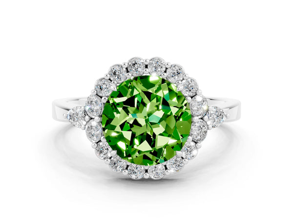 Platinum Round Cut Peridot Halo Ring with Pear Side Stones and Prong Setting