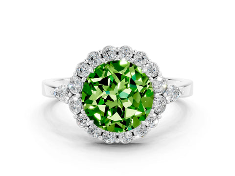 White gold Round Cut Peridot Halo Ring with Pear Side Stones and Prong Setting_24