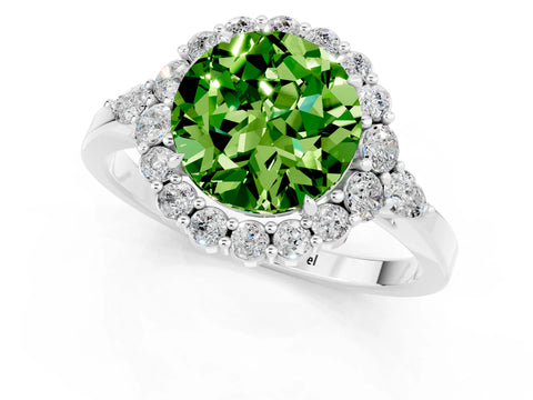 White gold Round Cut Peridot Halo Ring with Pear Side Stones and Prong Setting_25