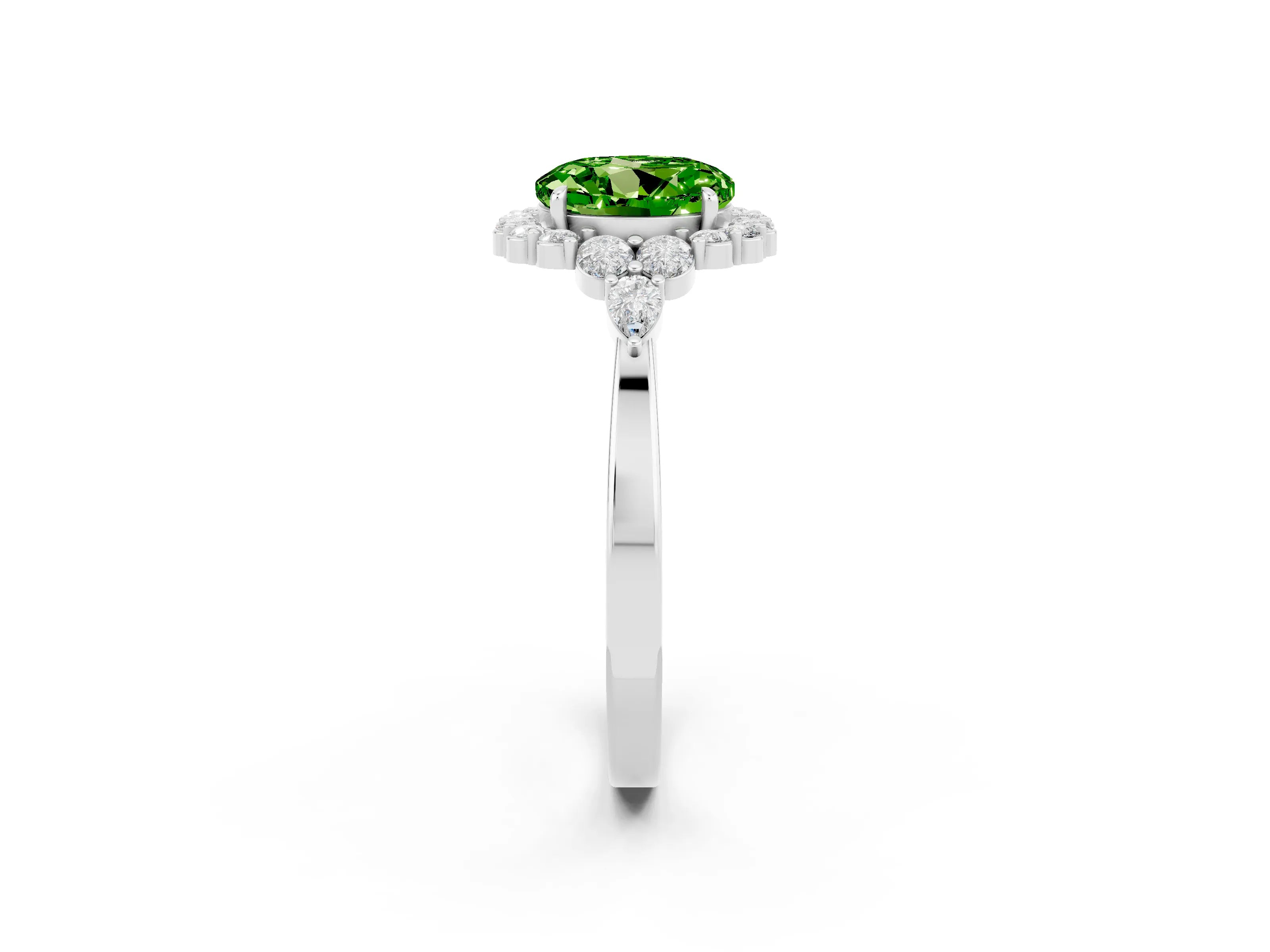 White gold Round Cut Peridot Halo Ring with Pear Side Stones and Prong Setting_26