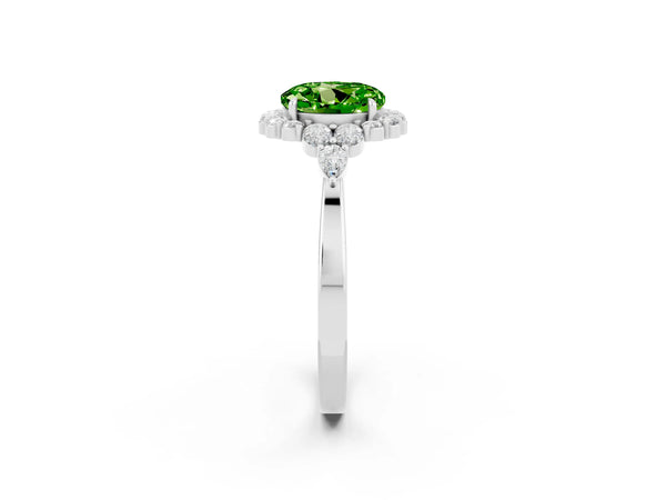 Silver Round Cut Peridot Halo Ring with Pear Side Stones and Prong Setting