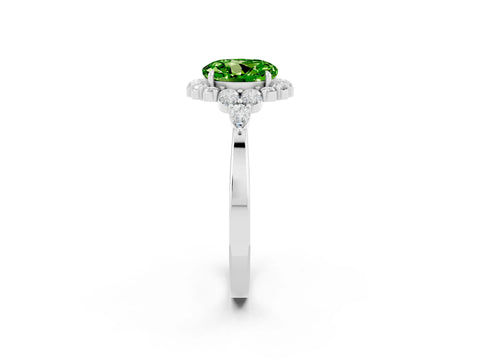 White gold Round Cut Peridot Halo Ring with Pear Side Stones and Prong Setting_26