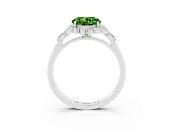 Silver Round Cut Peridot Halo Ring with Pear Side Stones and Prong Setting