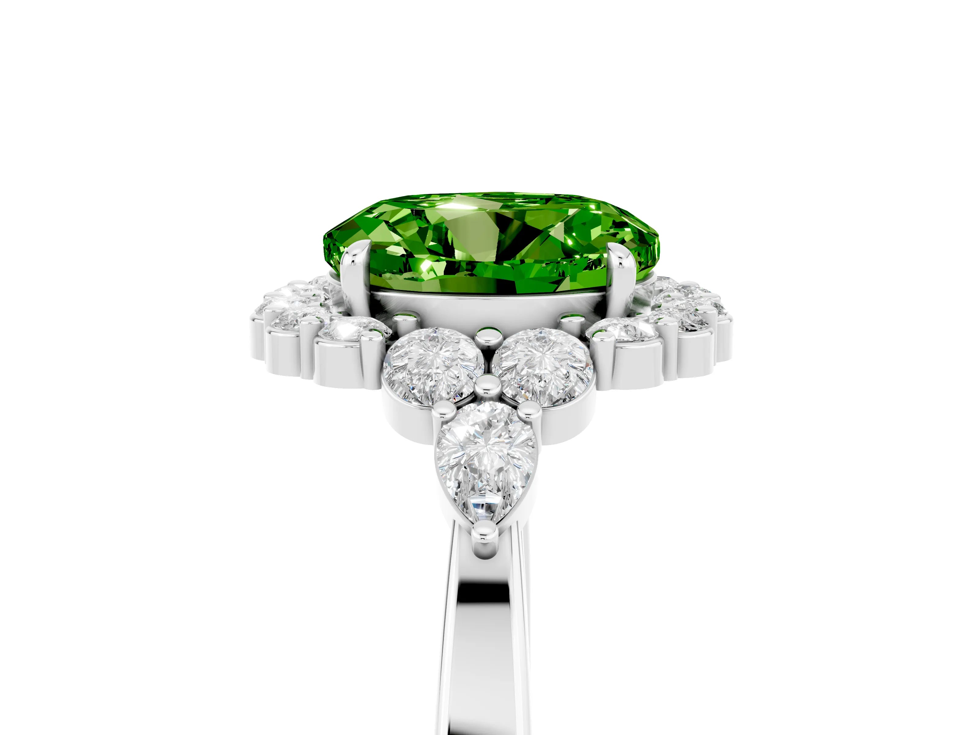 White gold Round Cut Peridot Halo Ring with Pear Side Stones and Prong Setting_29