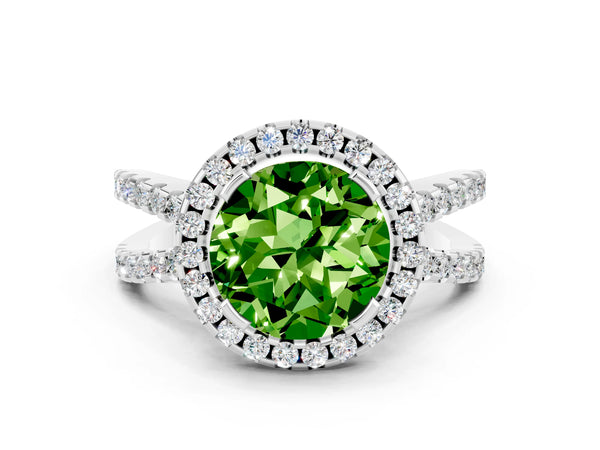 Platinum Round Cut Peridot Halo Ring with Split Shank Pavé Band and Prong Setting