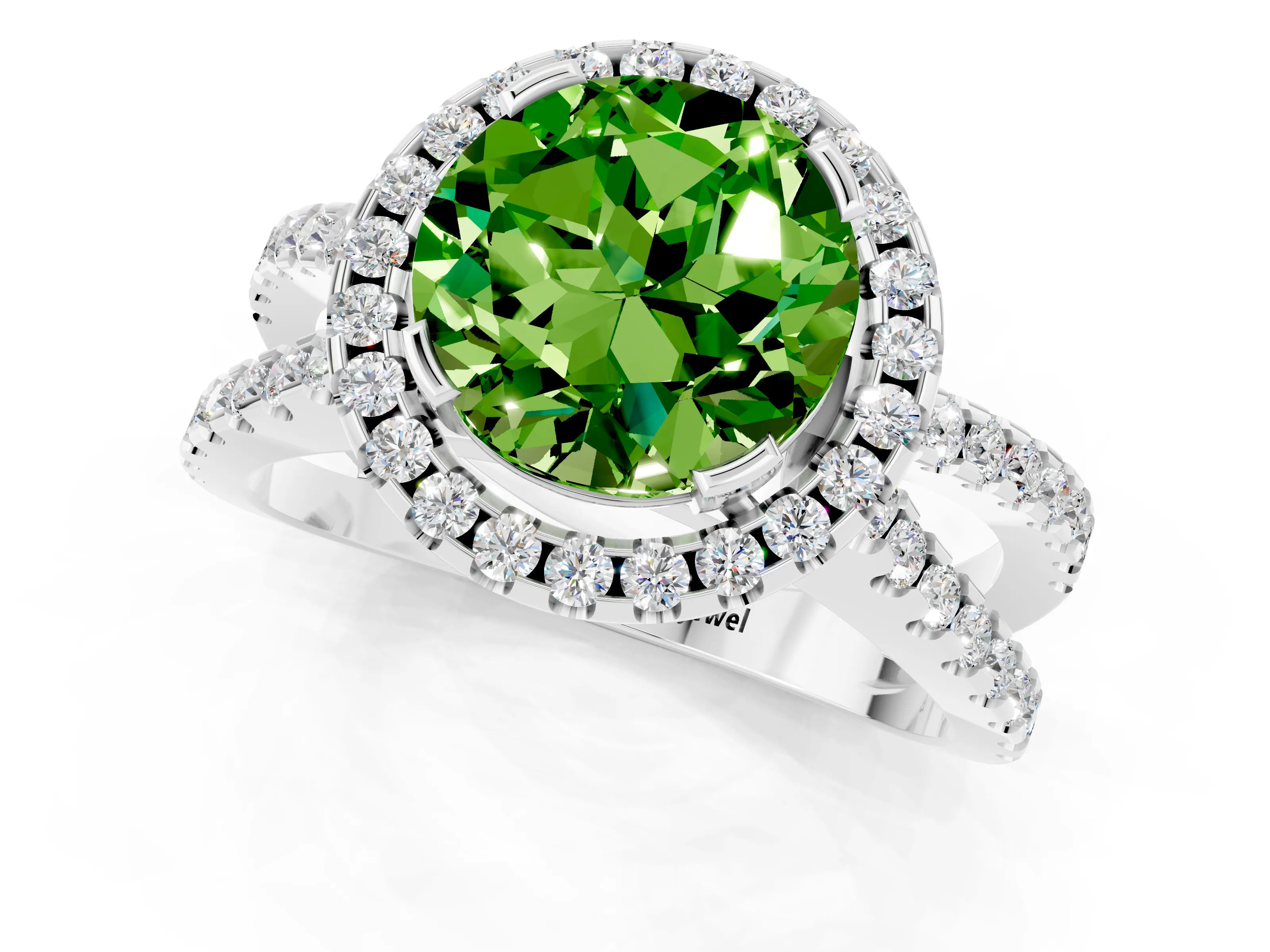 White gold Round Cut Peridot Halo Ring with Split Shank Pavé Band and Prong Setting_1
