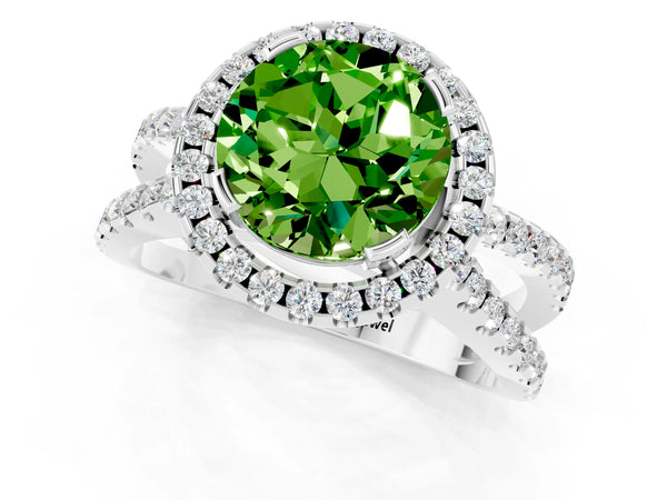 White gold Round Cut Peridot Halo Ring with Split Shank Pavé Band and Prong Setting