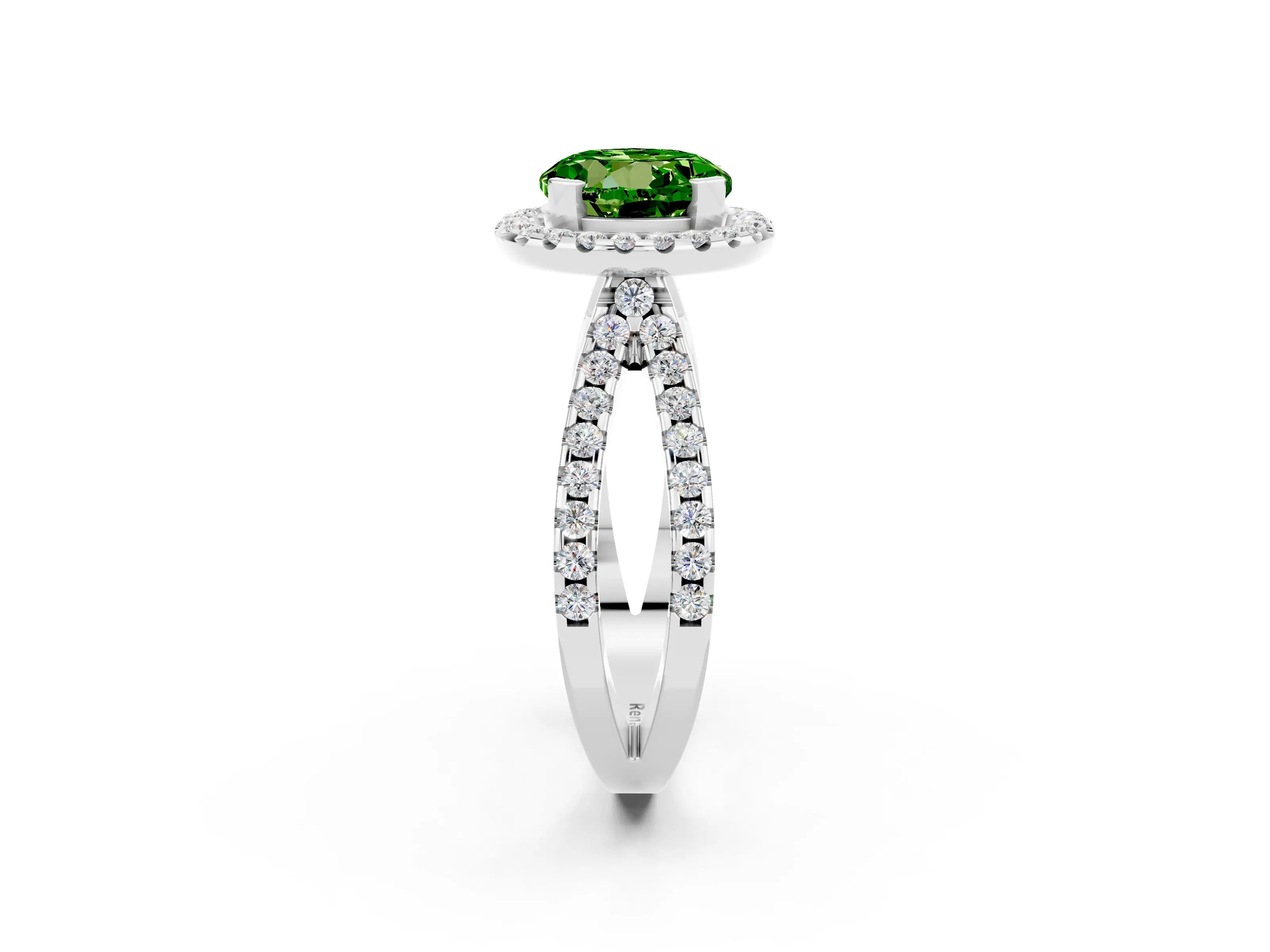 White gold Round Cut Peridot Halo Ring with Split Shank Pavé Band and Prong Setting_2