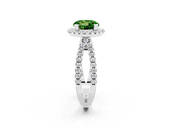 White gold Round Cut Peridot Halo Ring with Split Shank Pavé Band and Prong Setting
