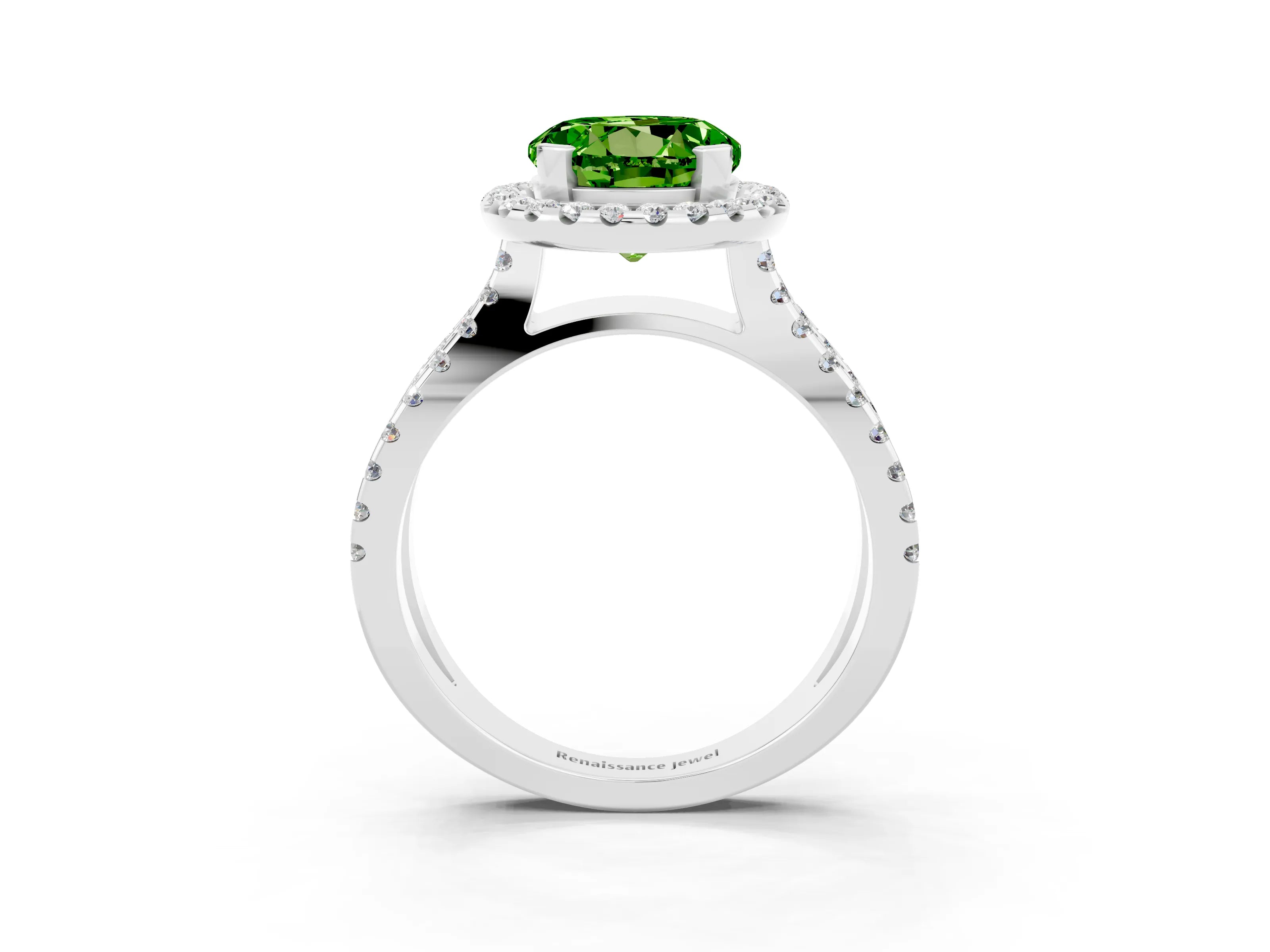 White gold Round Cut Peridot Halo Ring with Split Shank Pavé Band and Prong Setting_3