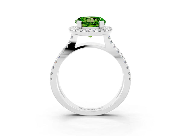 White gold Round Cut Peridot Halo Ring with Split Shank Pavé Band and Prong Setting