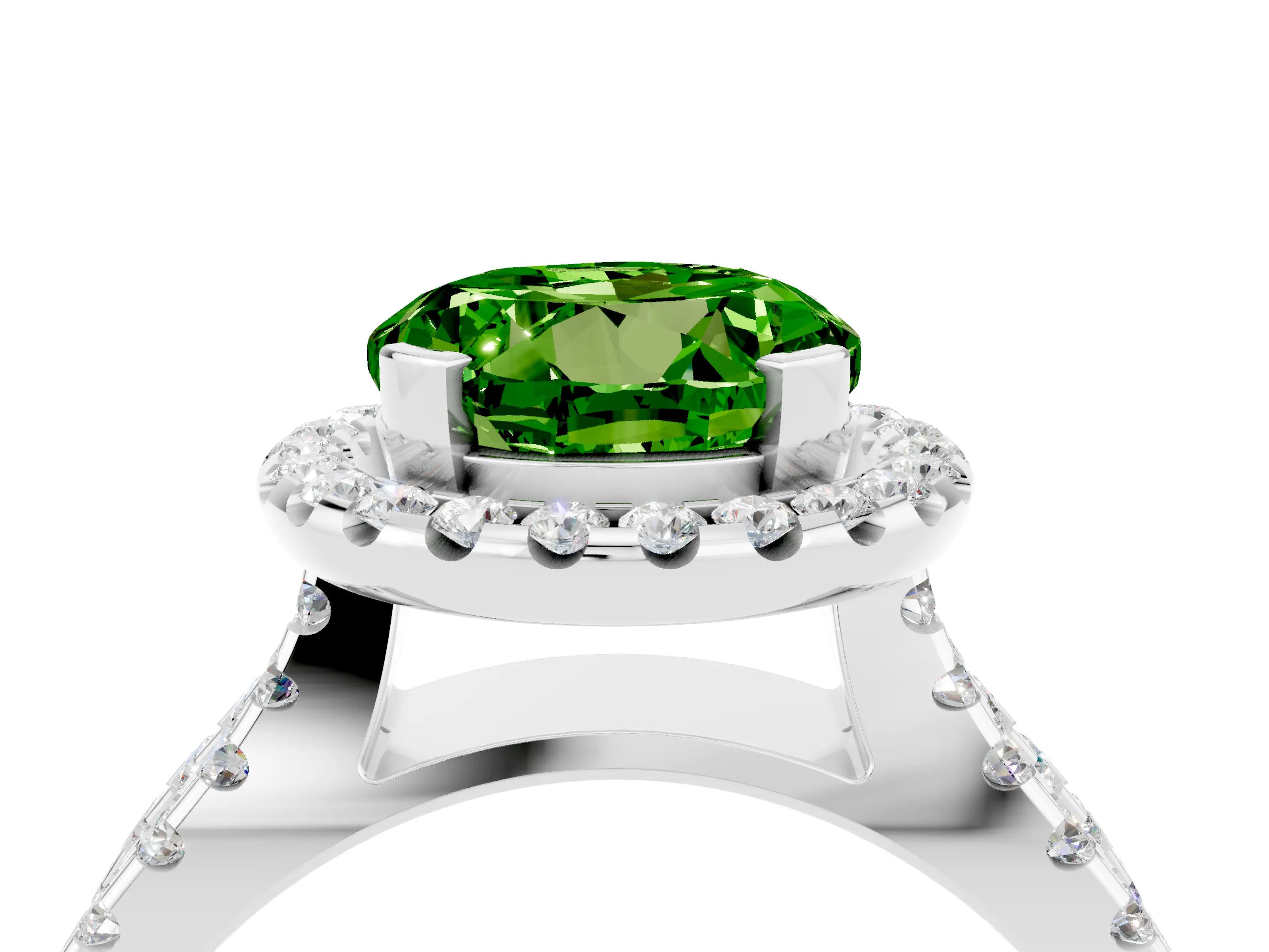 White gold Round Cut Peridot Halo Ring with Split Shank Pavé Band and Prong Setting_4