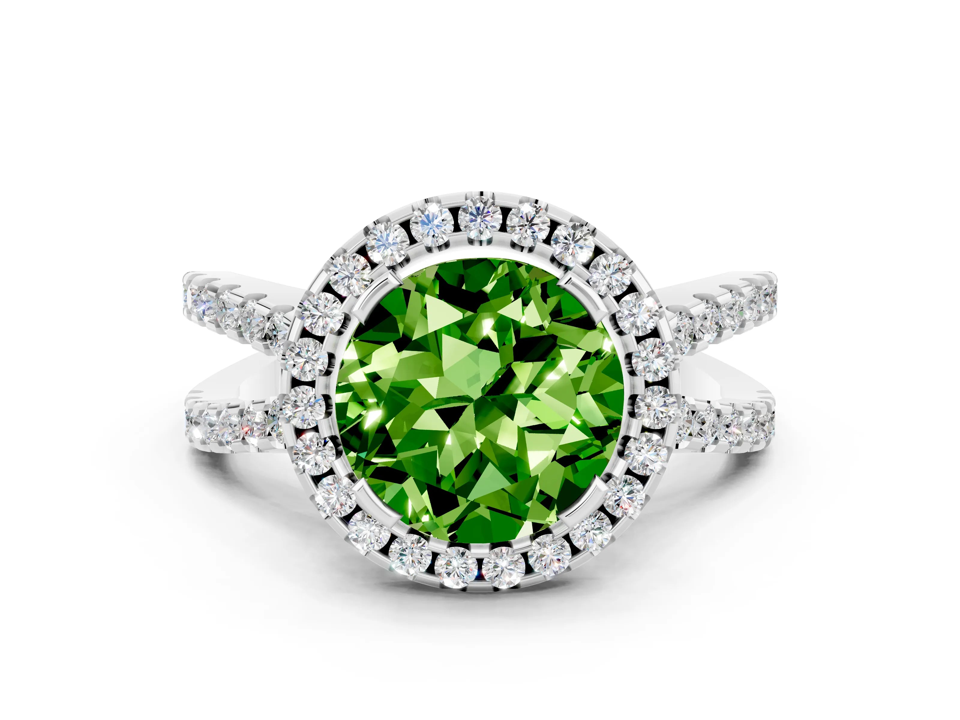 White gold Round Cut Peridot Halo Ring with Split Shank Pavé Band and Prong Setting