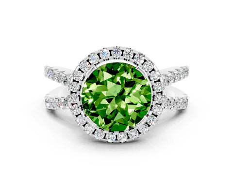 White gold Round Cut Peridot Halo Ring with Split Shank Pavé Band and Prong Setting