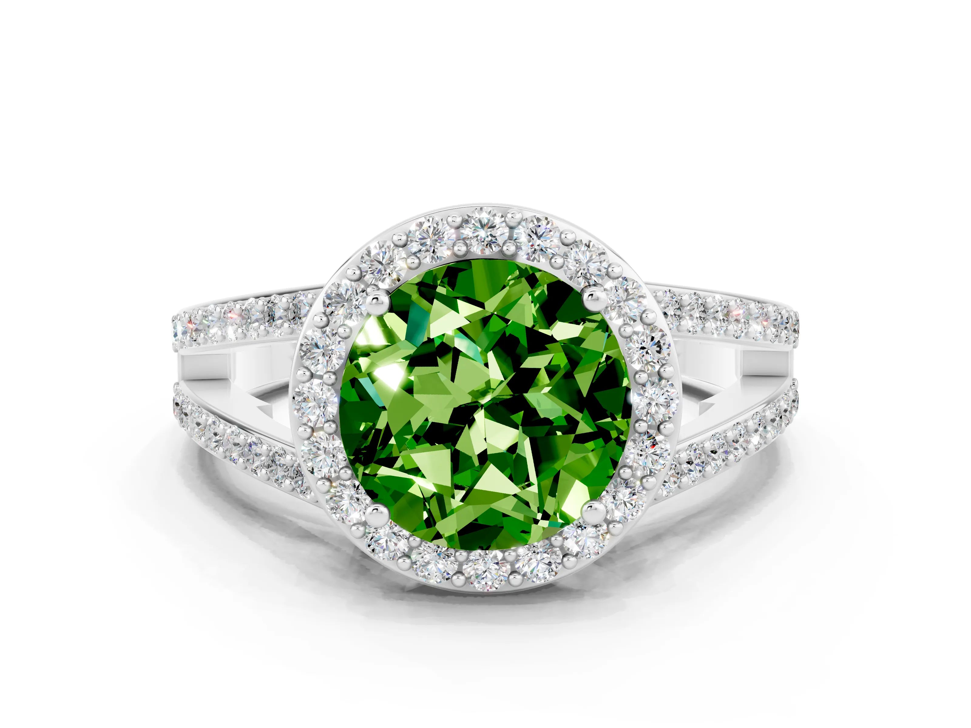 White gold Round Cut Peridot Halo Ring with Split Shank U-Prong Band and Four-Prong Setting