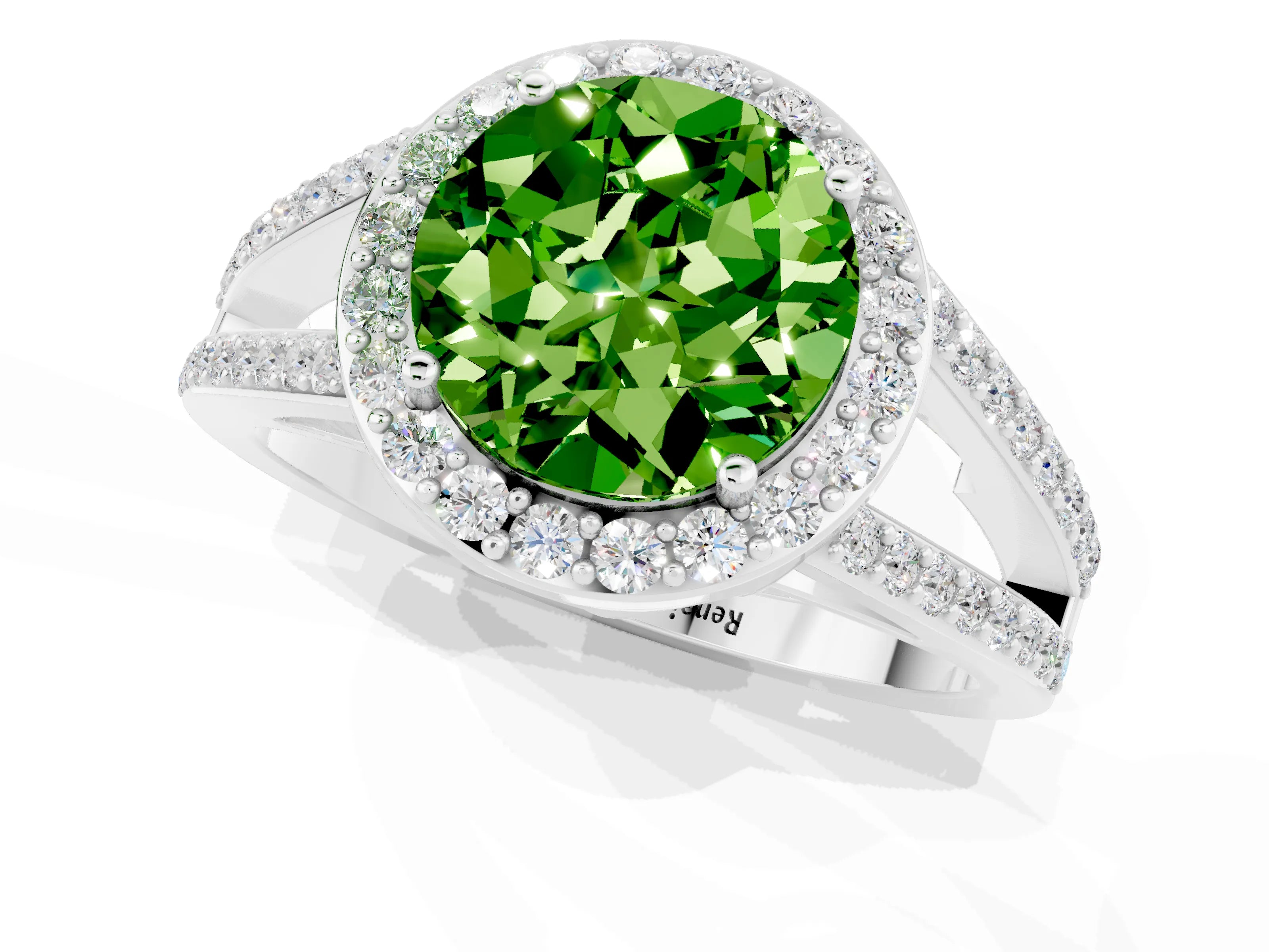 White gold Round Cut Peridot Halo Ring with Split Shank U-Prong Band and Four-Prong Setting_1