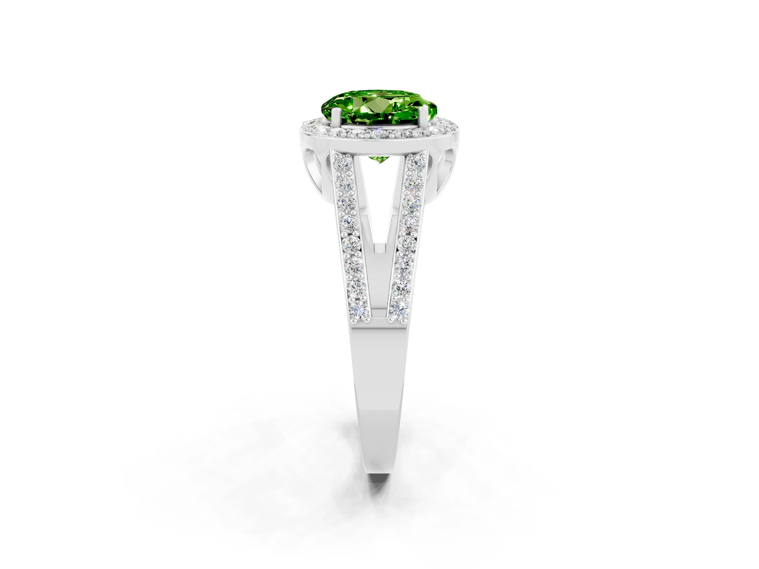 White gold Round Cut Peridot Halo Ring with Split Shank U-Prong Band and Four-Prong Setting_2