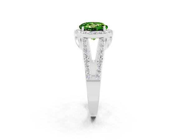 White gold Round Cut Peridot Halo Ring with Split Shank U-Prong Band and Four-Prong Setting