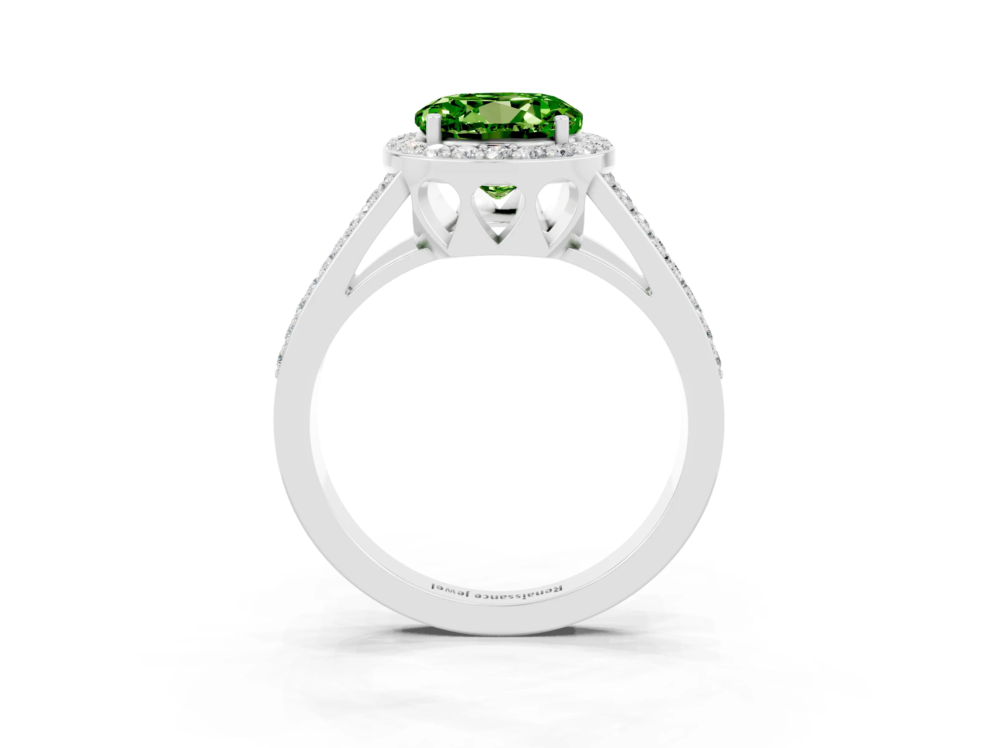 White gold Round Cut Peridot Halo Ring with Split Shank U-Prong Band and Four-Prong Setting_3