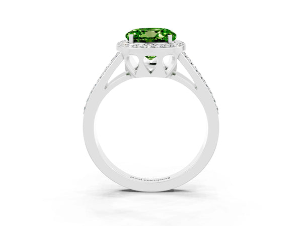 White gold Round Cut Peridot Halo Ring with Split Shank U-Prong Band and Four-Prong Setting