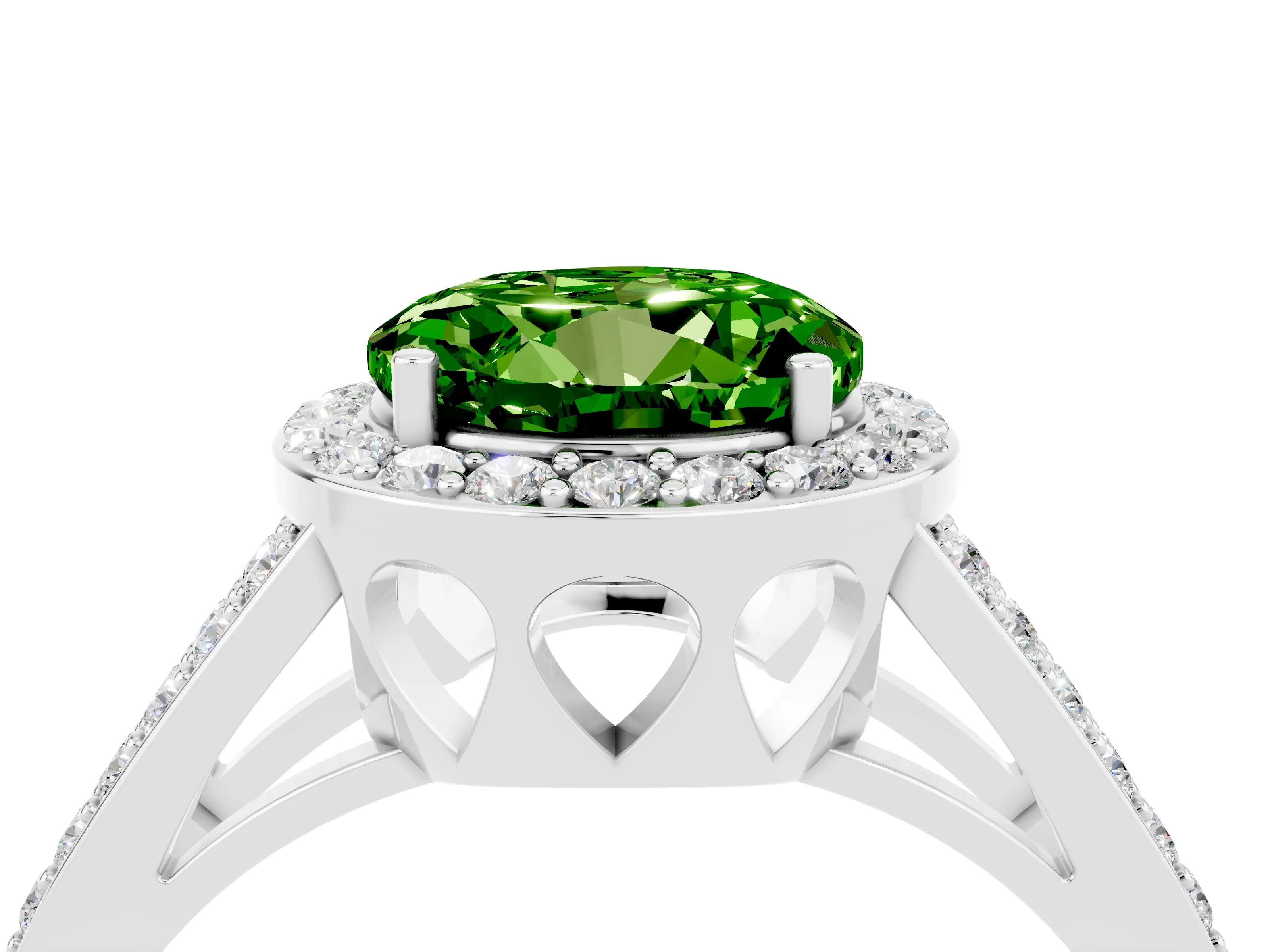 White gold Round Cut Peridot Halo Ring with Split Shank U-Prong Band and Four-Prong Setting_4