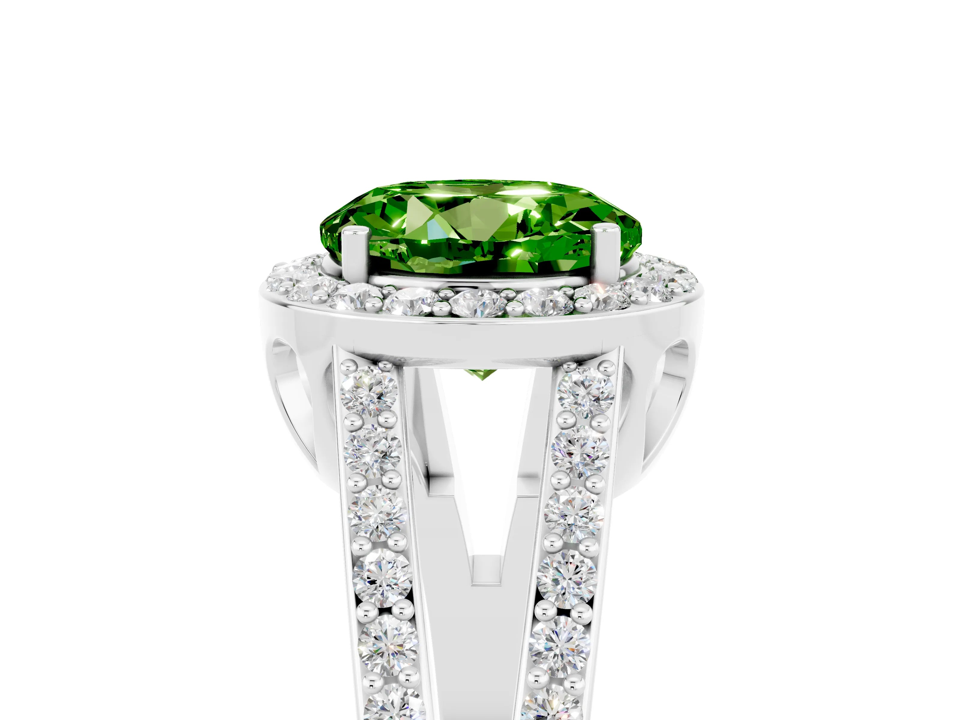White gold Round Cut Peridot Halo Ring with Split Shank U-Prong Band and Four-Prong Setting_5