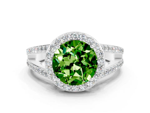 White gold Round Cut Peridot Halo Ring with Split Shank U-Prong Band and Four-Prong Setting
