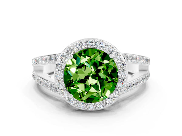 Silver Round Cut Peridot Halo Ring with Split Shank U-Prong Band and Four-Prong Setting