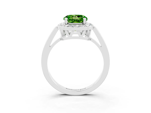 White gold Round Cut Peridot Halo Ring with Split Shank and Four-Prong Setting