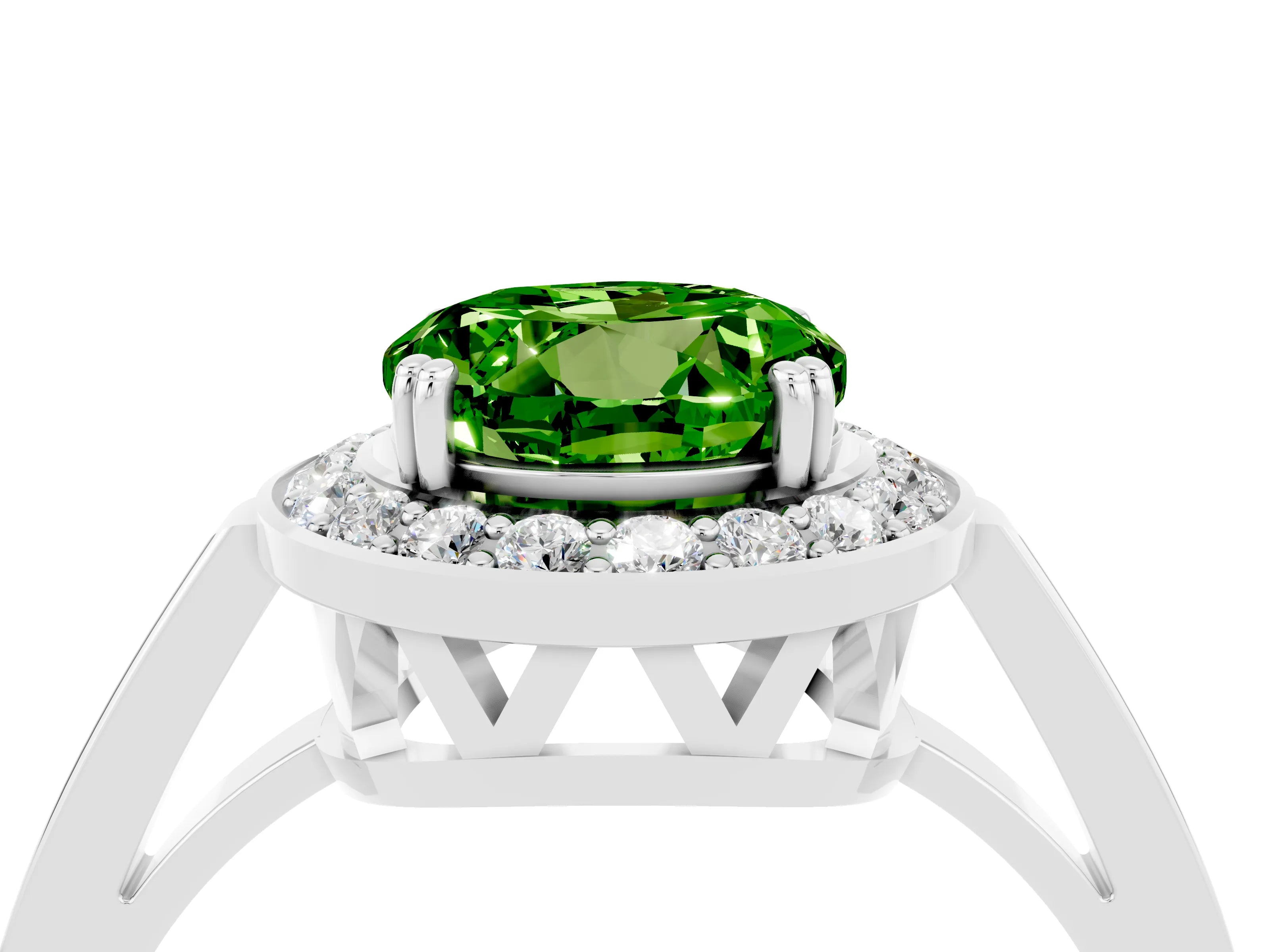 White gold Round Cut Peridot Halo Ring with Split Shank and Four-Prong Setting_16
