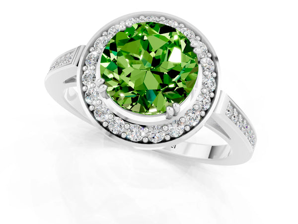 Silver Round Cut Peridot Halo Ring with Split Shank and Four-Prong Setting